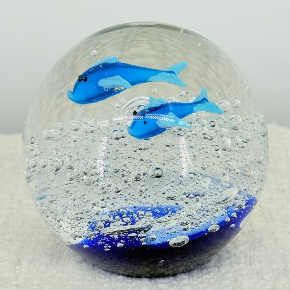 Murano‎ Style Glass Art Dolphins Swimming Controlled Bubbles Paperweight Vintage